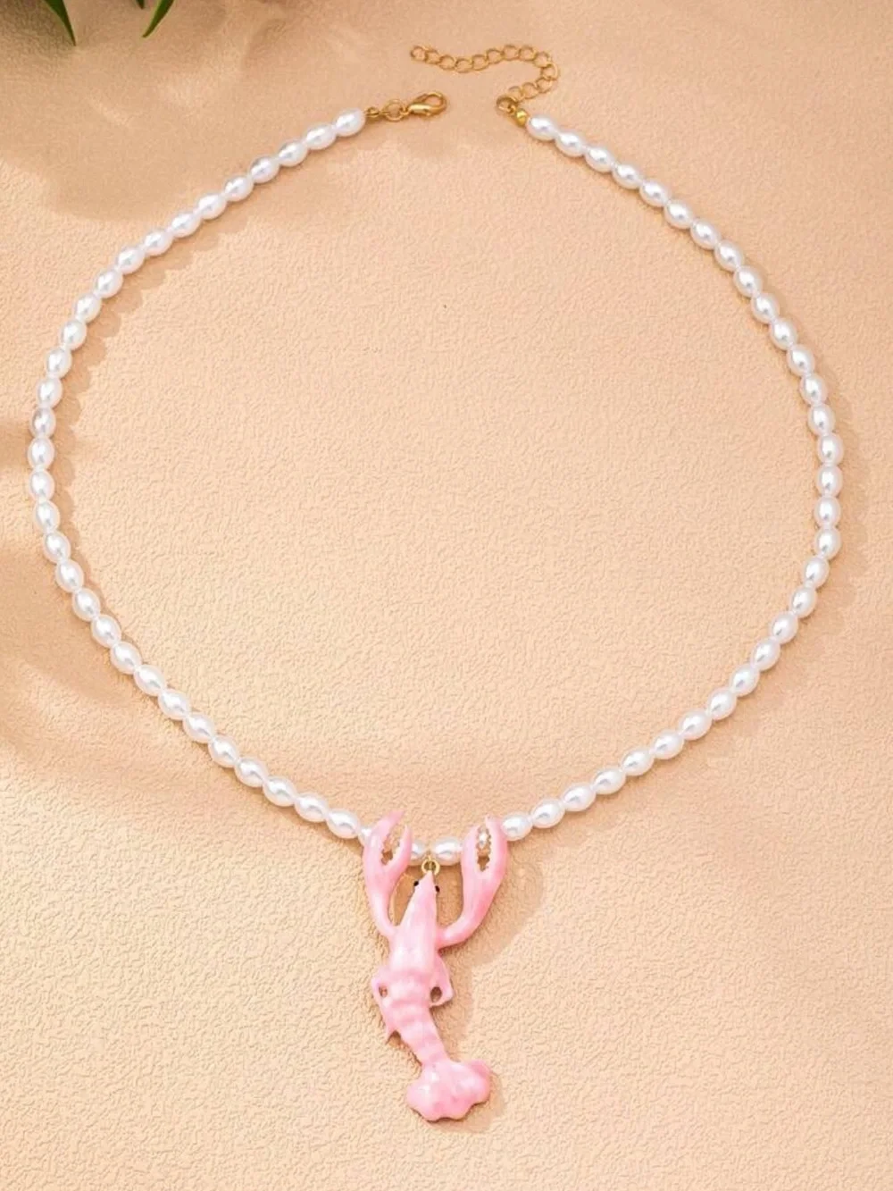 Pearl Necklace with Pink Coral Lobster Pendant R728